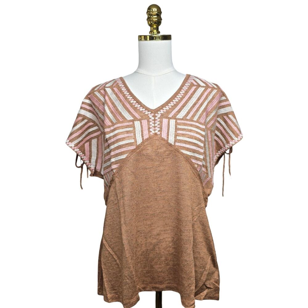Savanna Jane Knit Top Womens M Embroidered Boho V-Neck Pink and Tan Festival NWT - Picture 9 of 16